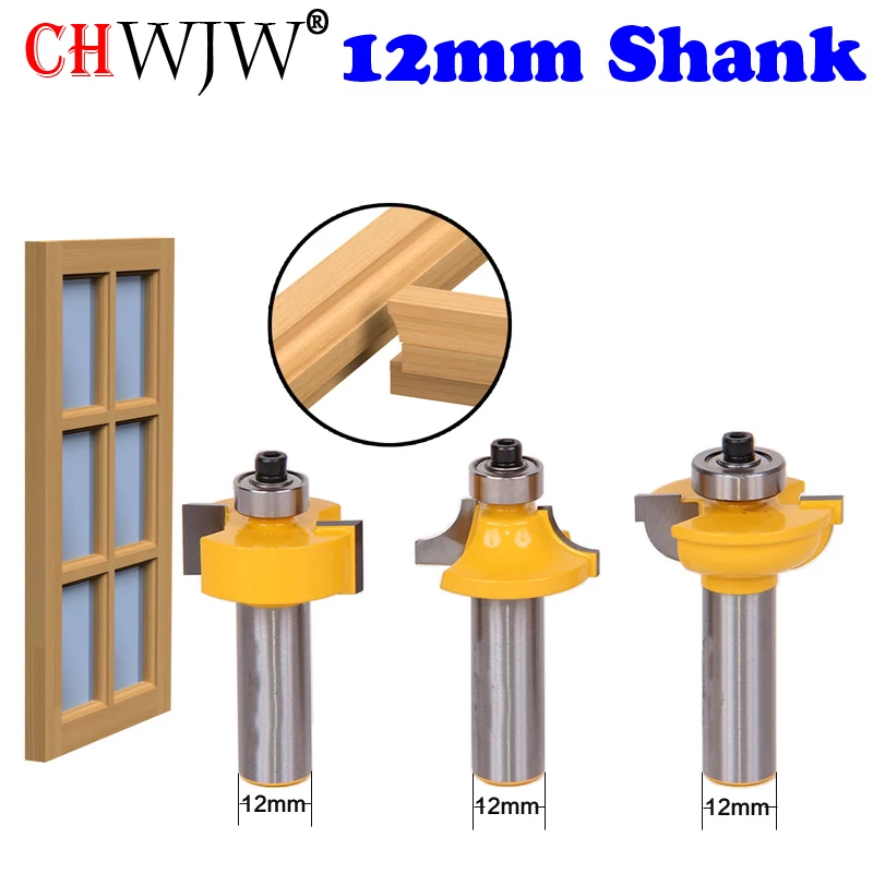 CHWJW 3PC 12mm Shank Glass Door Router Bits Round-Over Bead Set w/ Cutter Tenon Cutter for Woodworking Tools