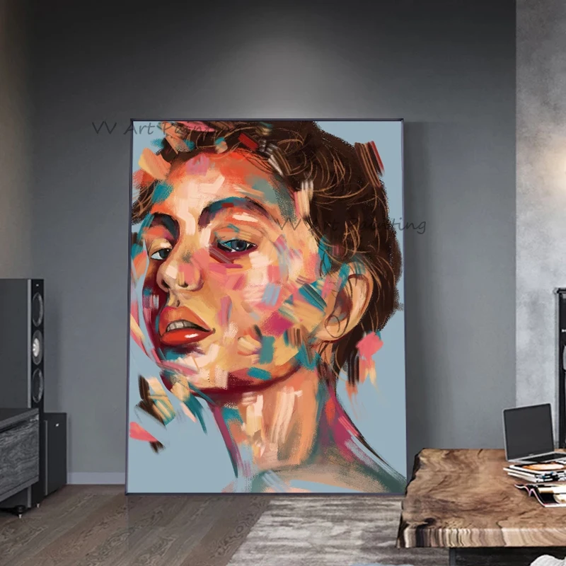 Vibrant Color Block Female Face Oil Painting Handmade Canvas Contemporary Abstract Figurine Bedroom Wall Art