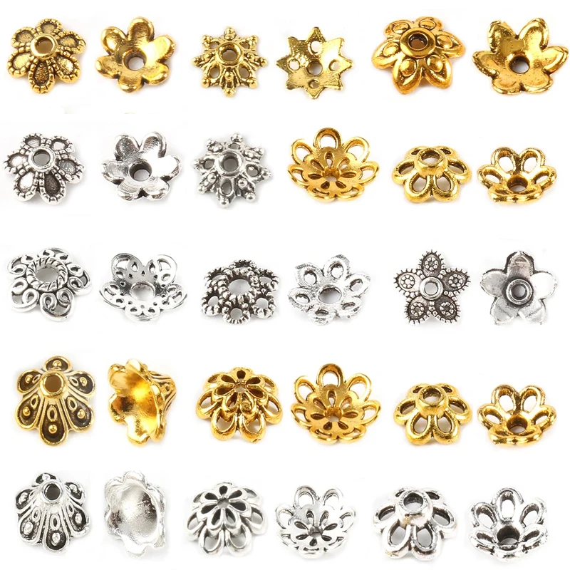 20-200pcs Tibetan Antique Silver Gold Leaf Flower Bead End Caps For Jewelry Making Needlework Spacer Bead Caps DIY Accessories