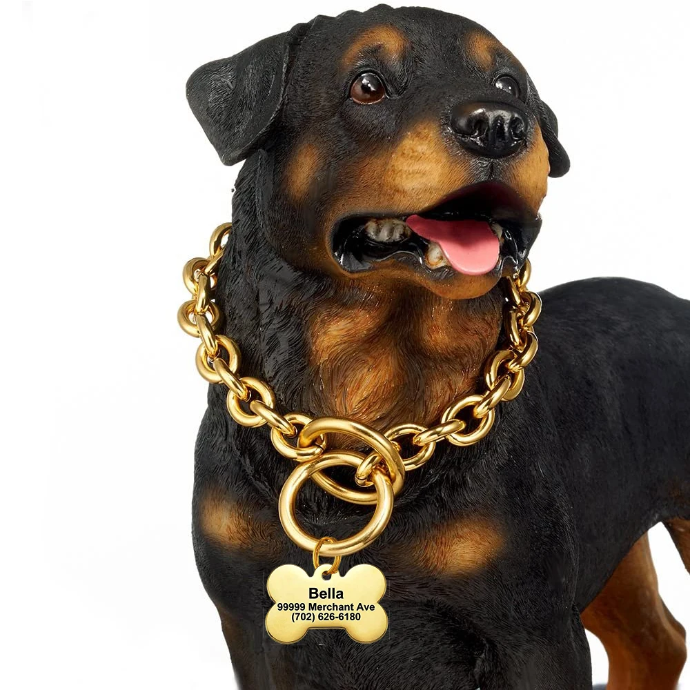 

15MM Gold Dog Chain Collar with Personalized Dog ID Tag, Strong Heavy Duty Chew Proof Chain for Large Dogs ID Tags for Pet