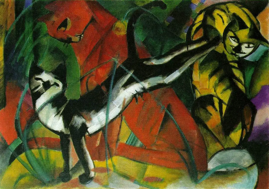 100% handmade Oil Painting reproduction on linen canvas,Three cats 1913 by Franz Marc,Free Shipping,High Quality