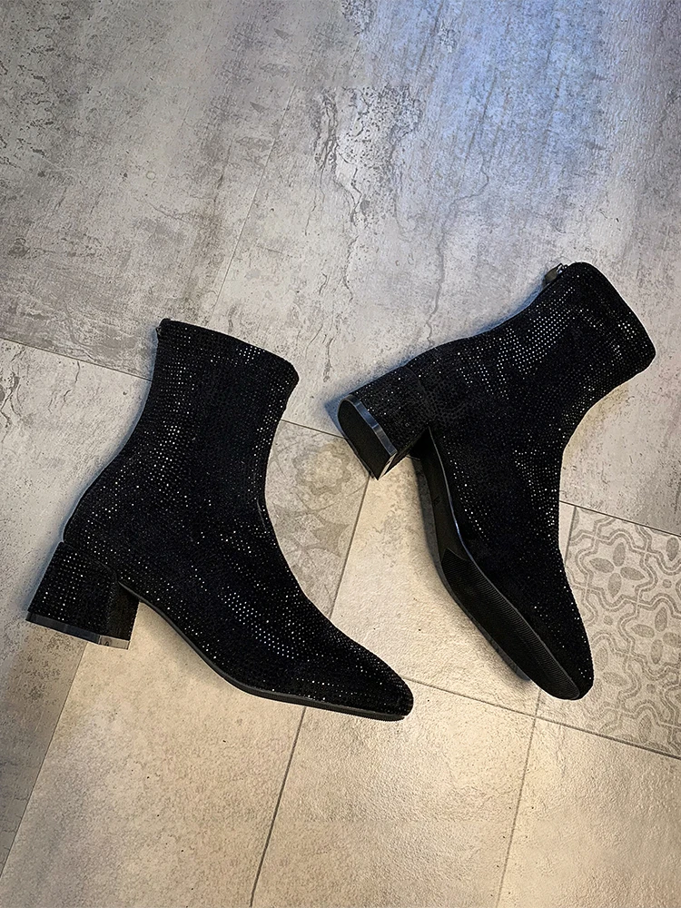 Scarpe da donna stivaletti 2020 autunno e inverno nuova moda cerniera lampeggiante diamante paillettes punta quadrata stivali con tacco medio