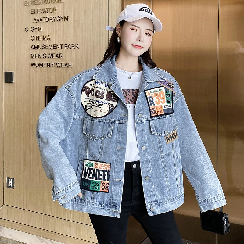 

Printing Solid Denim Woman Jacket 2021 FallL Korean FashionLoose Jean Jacket Long Sleeve Turn-down Collar Female Outerwear