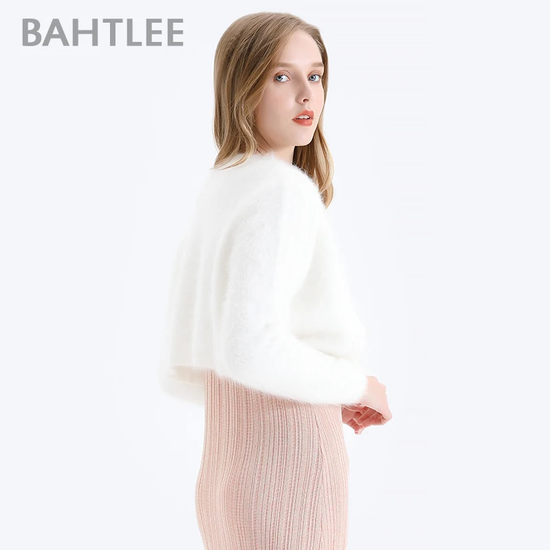 BAHTLEE-Women\'s Angora Short Cardigans Sweater, Wool Knitted Jumper, Long Sleeves, O-Neck Suit Style, Pearl Buckle, Autumn