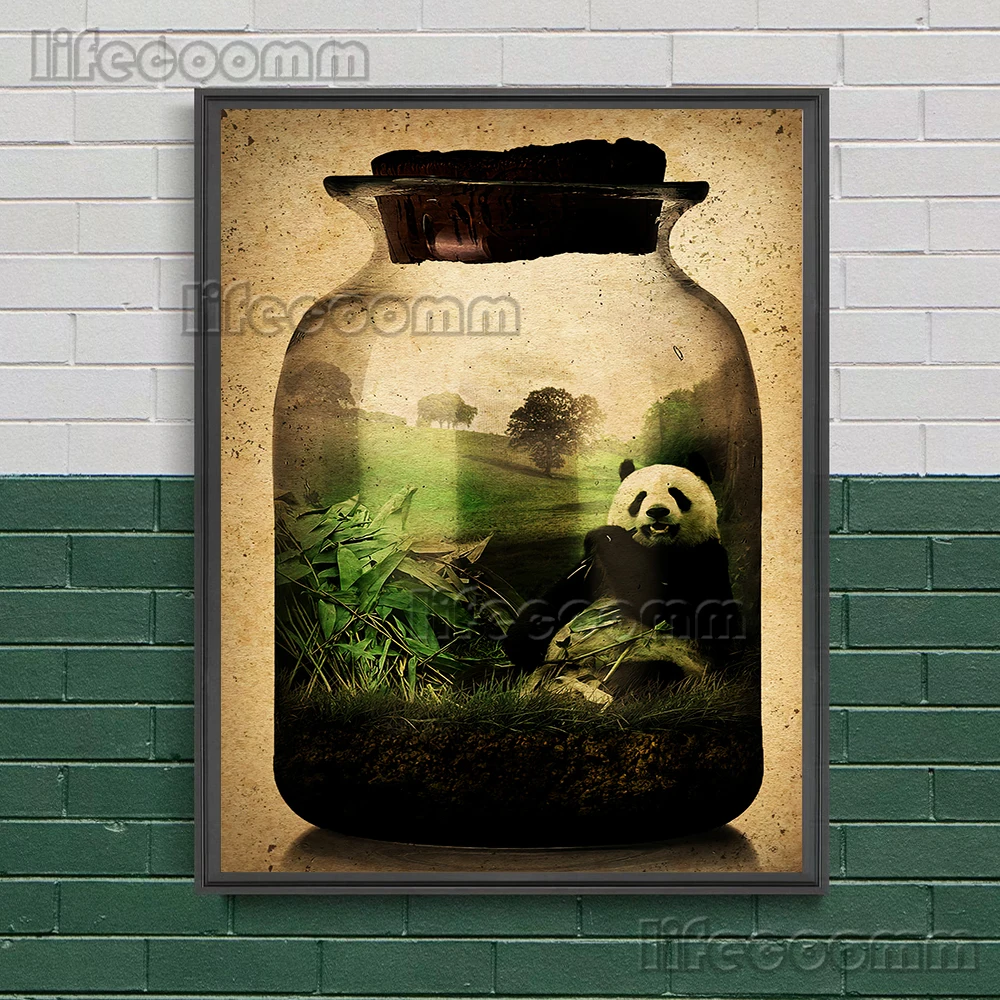 النظام البيئي في زجاجة الرسم على لوحات القماش الجدارية إنسان الغاب ، الدب القطبي ، السلاحف البحرية ، الباندا العملاقة ملصق فني وطباعة ديكور المنزل الفن