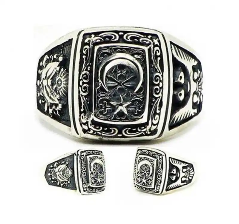 Silver Moon Star Ottoman Coat Of Arms Eagle Pattern Men's Ring - 925 Sterling Men's Jewelry Wedding Birthday Gift - Box - Male - Fashion - Botiva - Size - Turkish - Patterned Embroidery