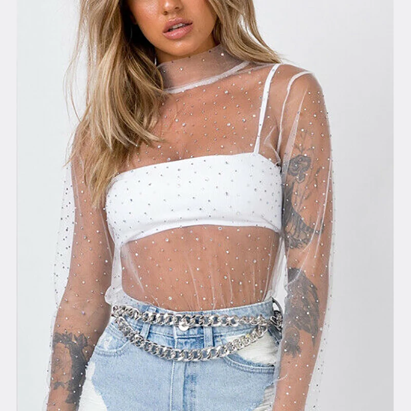 Summer Sexy Lace Mesh Sheer T Shirt Women Transparent Tops Turtleneck See Through Cover Up Summer Female Tshirt