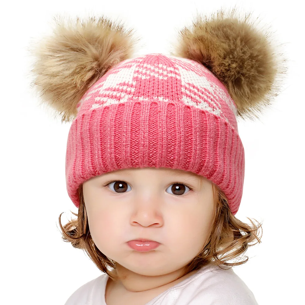 

Brand New Newborn Baby Kids Girls Boys Winter Warm Plaid Knit Hat Furry Balls Pompom Solid Warm Cute Lovely Beanie Cap Gifts