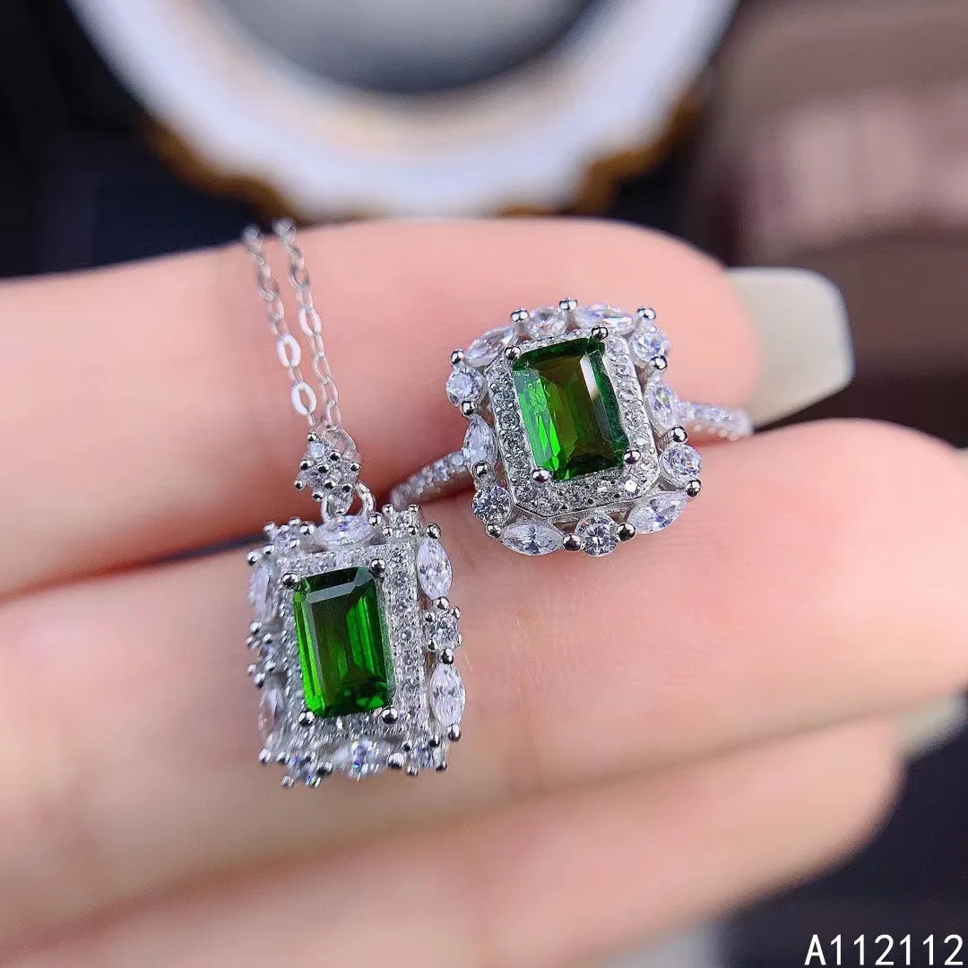 

Fine Jewelry 925 Pure Silver Natural Gem Women's Rectangle Diopside Set Gift Birthday Party Wedding Engagement Christmas New