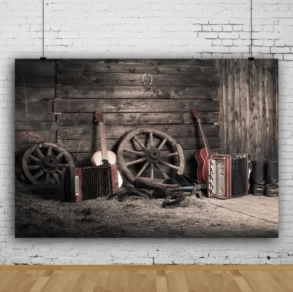 Laeacco قديم الظلام مستودع خشبية عجلة الغيتار الطفل حفلة الداخلية صور خلفيات خلفيات للتصوير الفوتوغرافي ل استوديو الصور