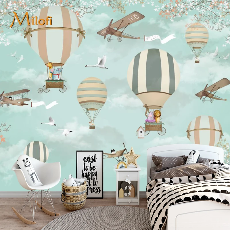 Custom 3D self-adhesive wallpaper mural nostalgic forest birds Cartoon hot air balloon tropical plant animal