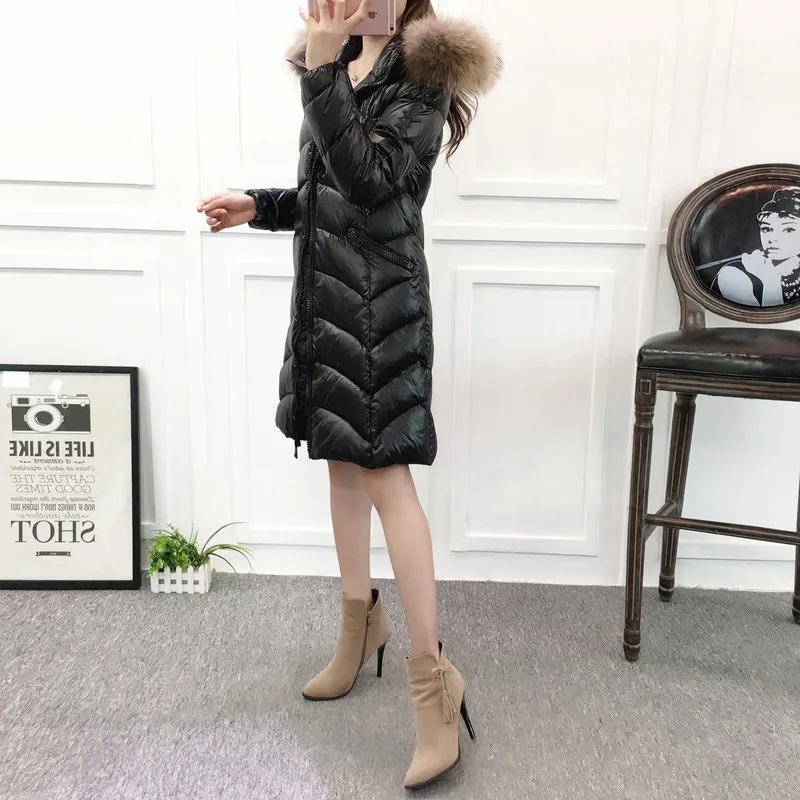 

Duck Winter Coat White Down Woman Hooded Big Fur Collar Long Puffer Jacket Thick Casacas Para Mujer 1020 KJ2776