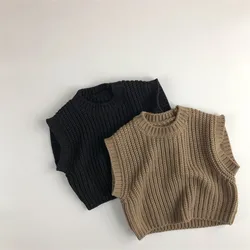 Korean Style Kids Children Retro All-match Knitted Vest Autumn Winter O-Neck Sleeveless Solid Color Sweaters Baby Boys Girls