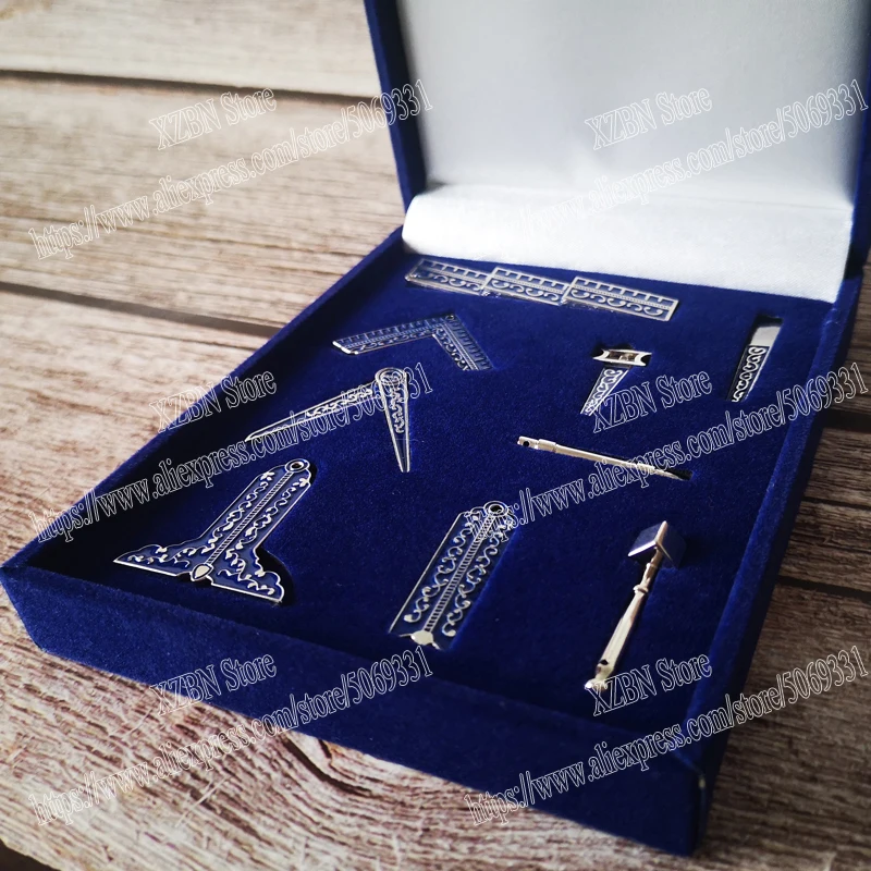 9 pieces Masonic Miniature Working Tools Velvet exquisite  Gift Set blue Boxed  Souvenirs metal ornaments