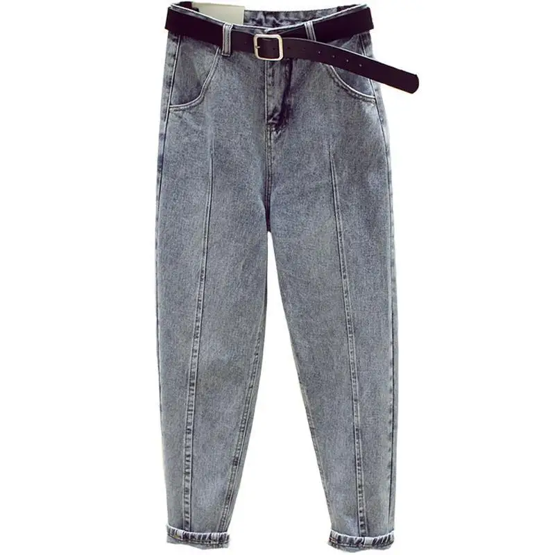 Spring/Summer Jeans Women\'s Loose High Waist Pants Ankle-Tied Harem Pants Cropped Light Color Straight Pants