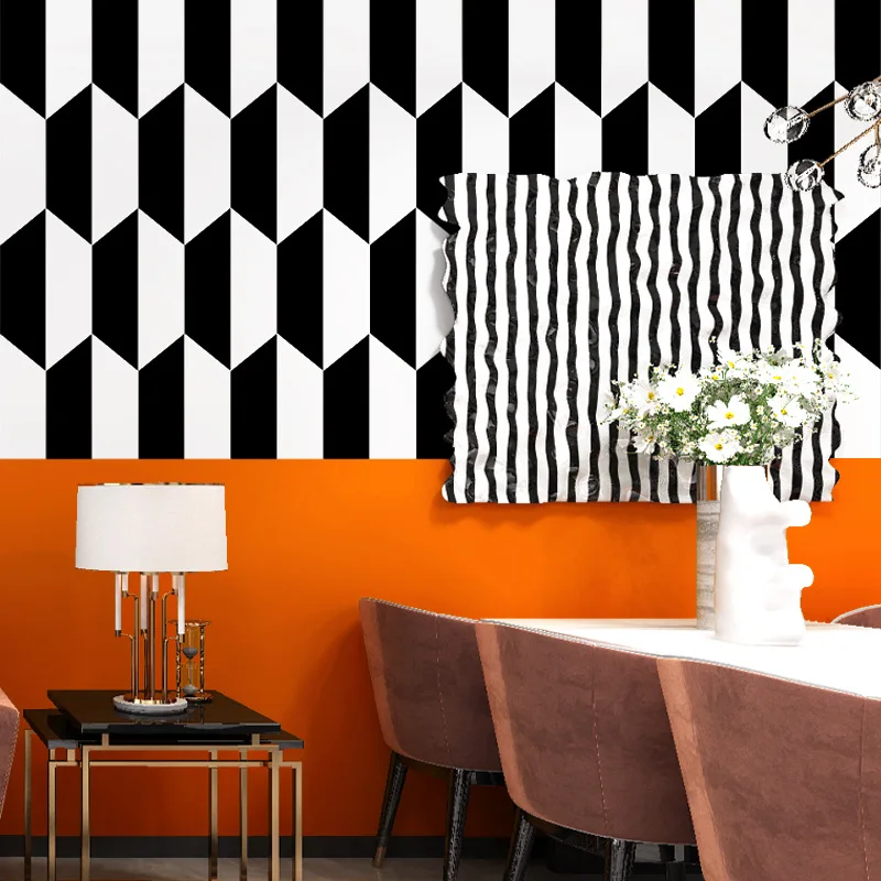 Black and White Lattices Wallpaper Nordic Style Geometric Pattern Simple Orange Orange Modern Background of Television in the