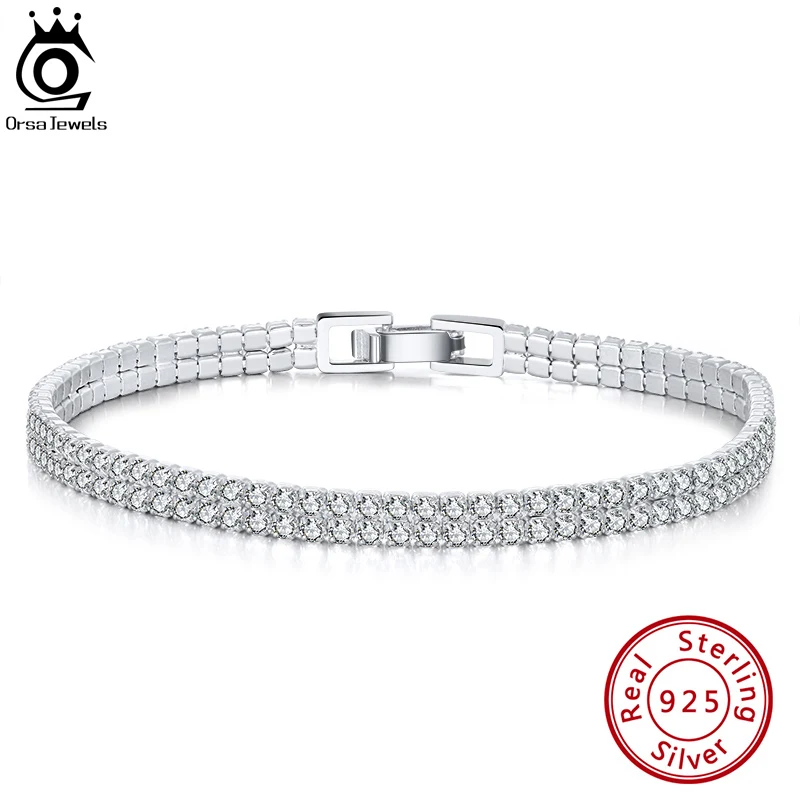 ORSA JEWELS Sparkling 925 Sterling Silver 2 Rows Tennis Bracelet 4mm Width Women's White Cubic Zirconia Chain Bracelet SB118