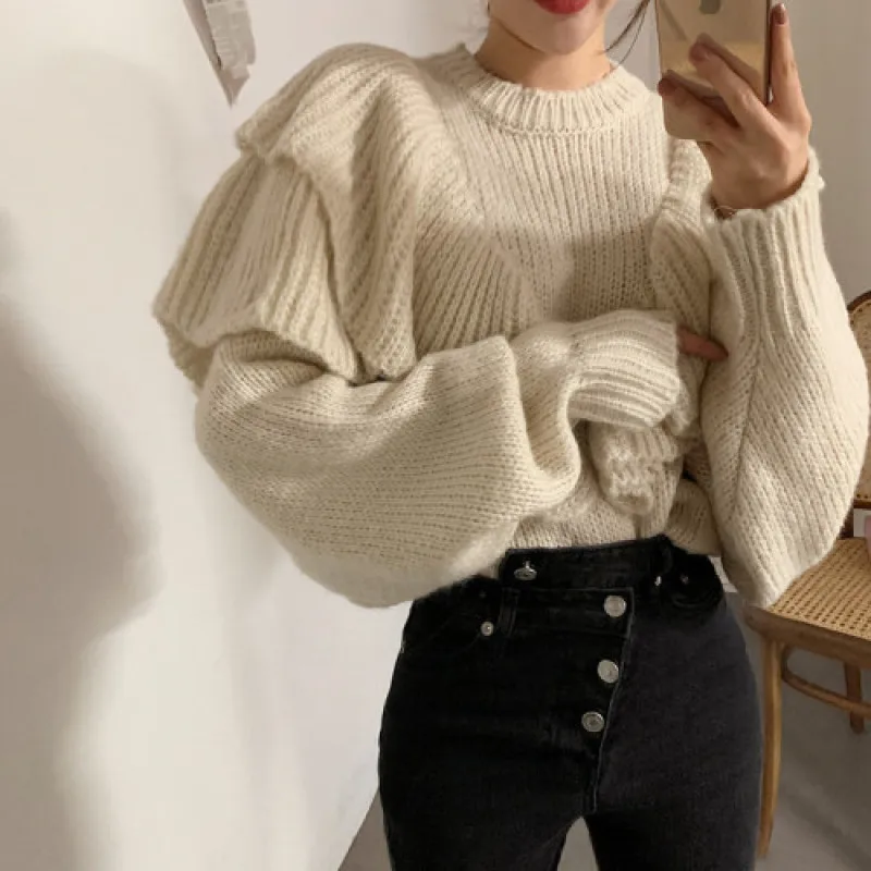 

YAMDI korean runway sweater female autumn winter 2020 o neck solid chic fashion loose pollover thick knitted jumper women ruffle