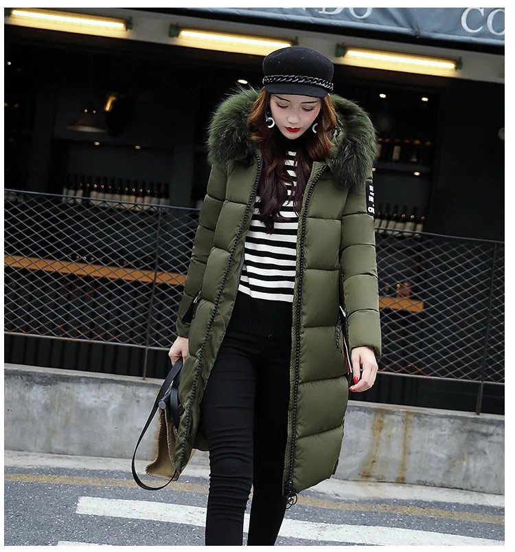 2025 Women's Down Parkas Winter Jacket Big Fur Collar Thick Slim Coat Fashion Hooded Cotton Outerwear Long Winter Woman Coat