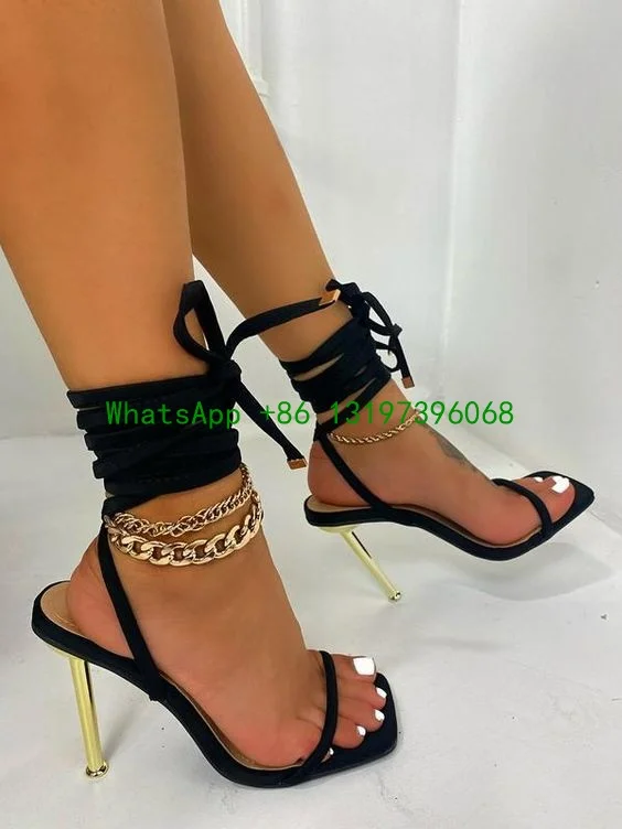 

Ladies black lace-up open toe sandals sexy metal heel candy color stiletto sandals lace-up calf shoes footwear daily plus size