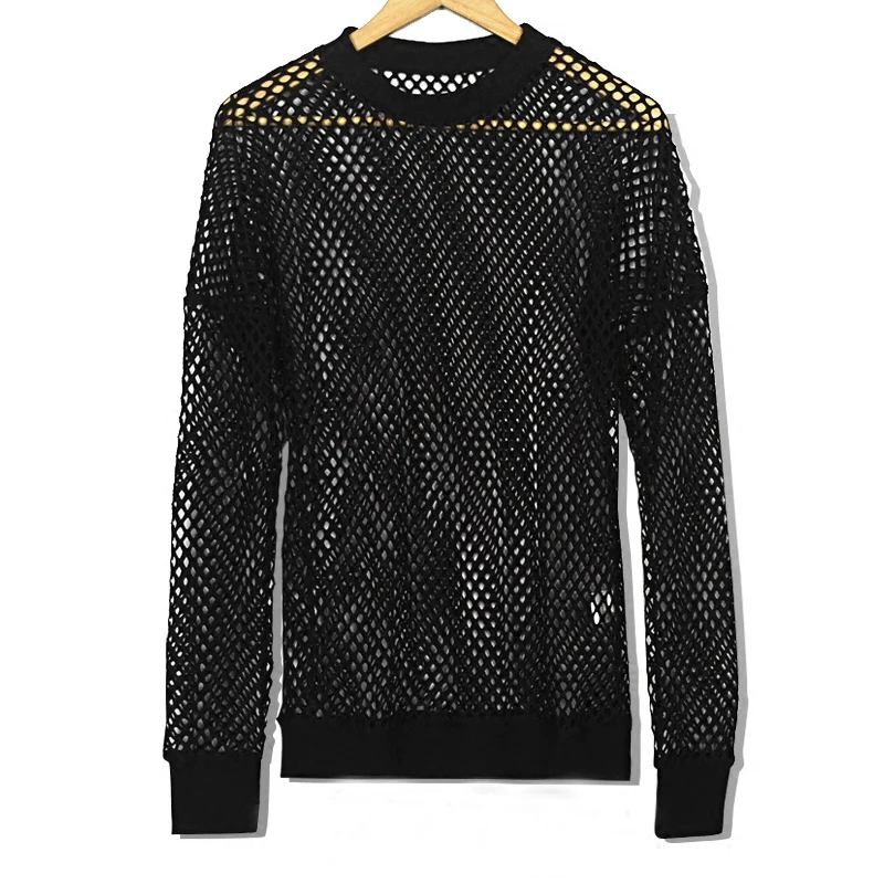 

Men Mesh Sexy Long Sleeve Shirt Personalized Blouse Hollow Perspective Fishnet Stylish