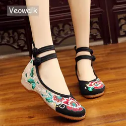 Veowalk Chinese Fashion Women's Shoes Old Peking Mary Jane Denim Flats Flower Embroidery Soft Sole Casual Shoes Plus Size 34-43