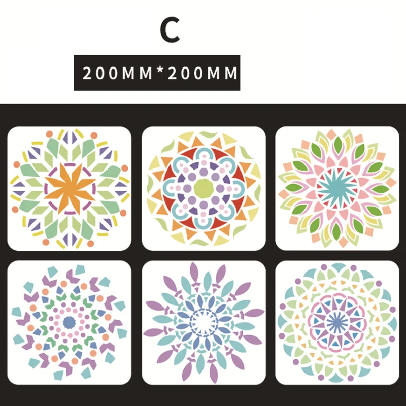 再利用可能なマダラフラワーステンシル、DIY壁の絵、ビルダーテンプレート、スクラップブックの装飾、日記スタンプ、着色エンボス、20x20cm、6個