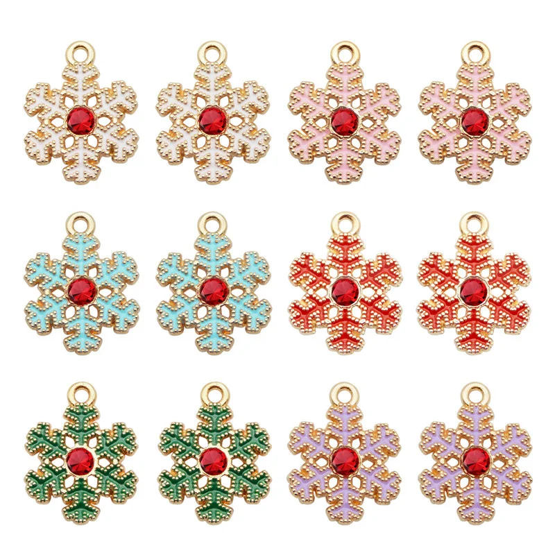 6PCS Enamel Snowflake Charms Rhinestone Mix Colors Christmas Decor Necklace Keychain Pendant Bracelet Earring Jewelry Accessory