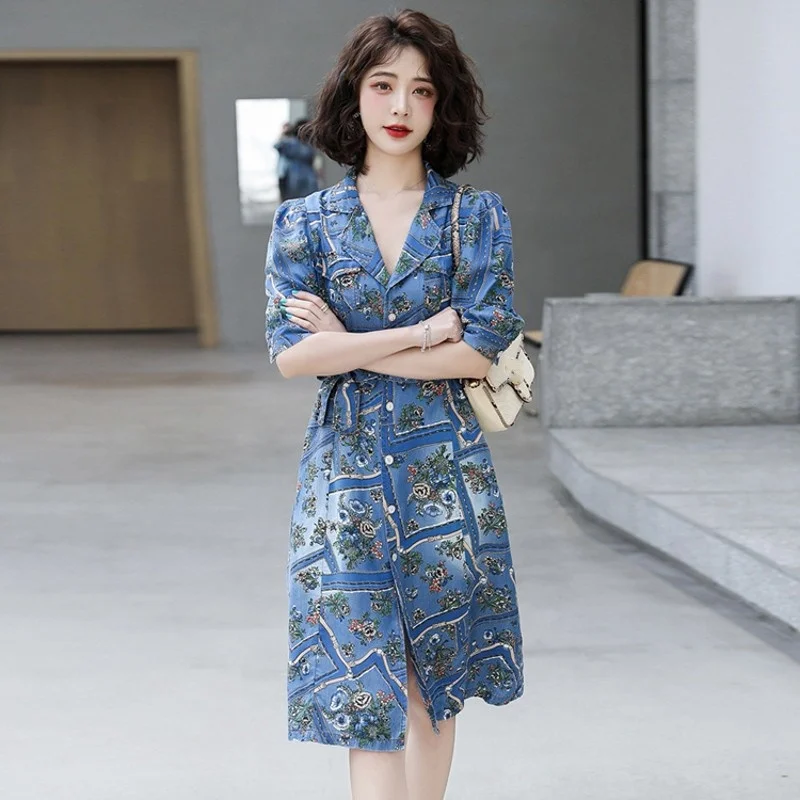 Summer 2022 New Womens Turn-Down Collar Single Breasted Half Sleeve Elegant A-Line Dress Office Lady Puff Sleeve Fashion Dress