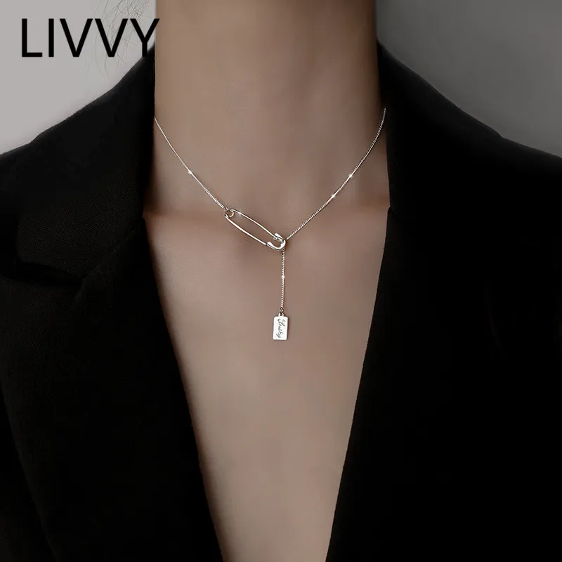 

LIVVY Silver Color Pin rectangle Pendant Necklace for Women Girl Fashion Creative Clavicle Chain Party Jewelry