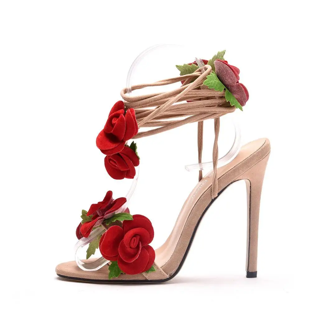 Crystal Queen Women Sandals Red Rose Flower Cross-tie High-heeled Open Toe Summer Heels Lady Dress Sexy Shoes