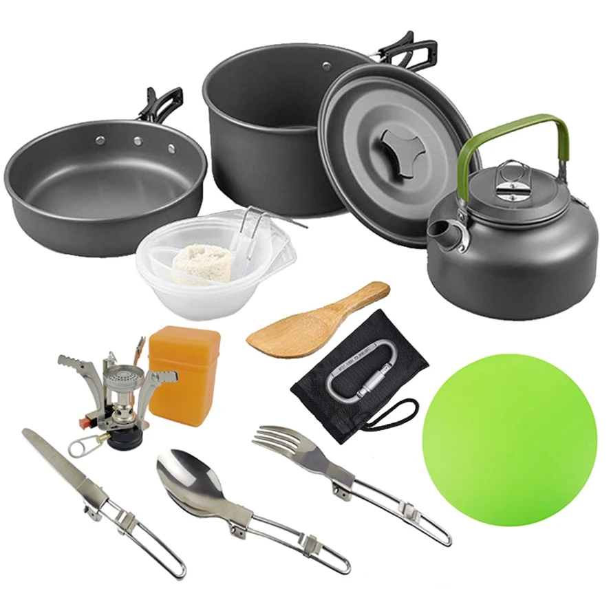 

Outdoor Camping Cookware Set Portable Marching Utensils Tableware Cooking Stove Kit Picnic Cookware Gas Stove Boiler Head Teapot