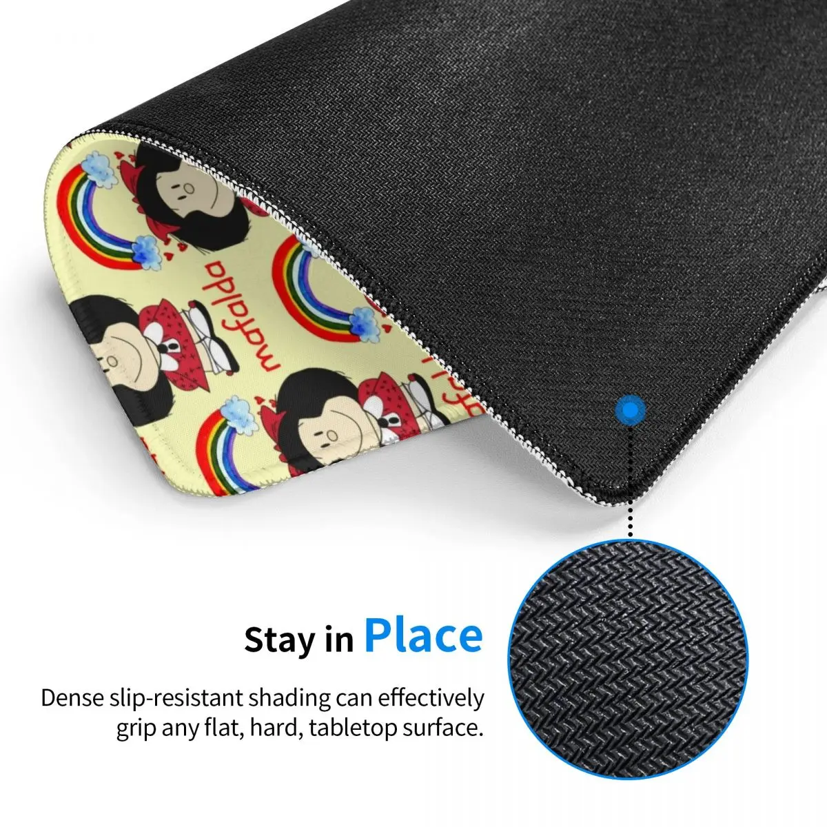 Quino Comic Mafalda Rainbow Mouse Pad with Locking Edge Square Gaming Mousepad Non-Slip Rubber Office Computer Mat Decor Cover