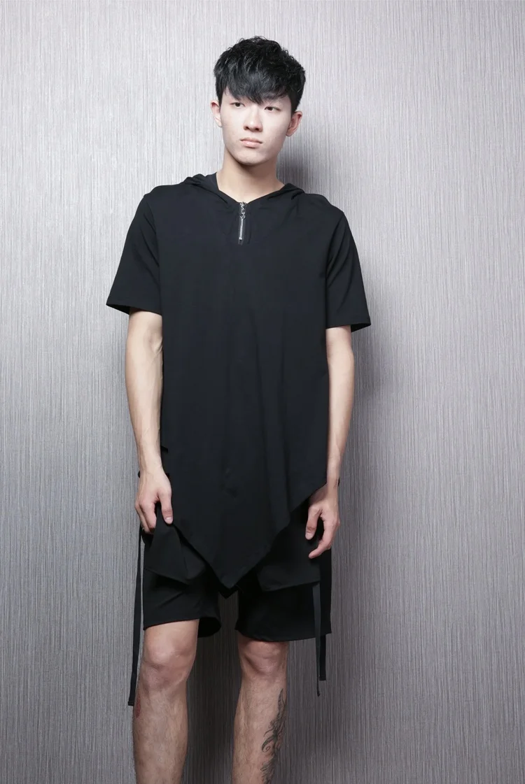 Xia dark street personality zipper wizard cloak mid-length hooded collar casual short-sleeved t-shirt cloak male