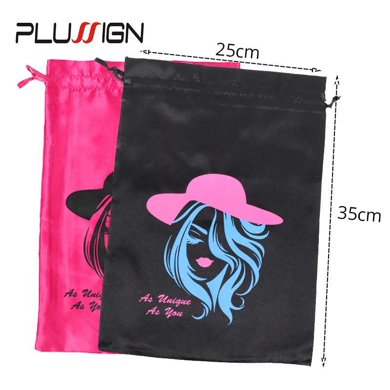 Plussign Satin Bags For Packageing Hair 10*14 Inch For Long Hair Extension Wigs Satin Drawstring Bag 1Pcs 2Pcs 3Pcs Black Pink