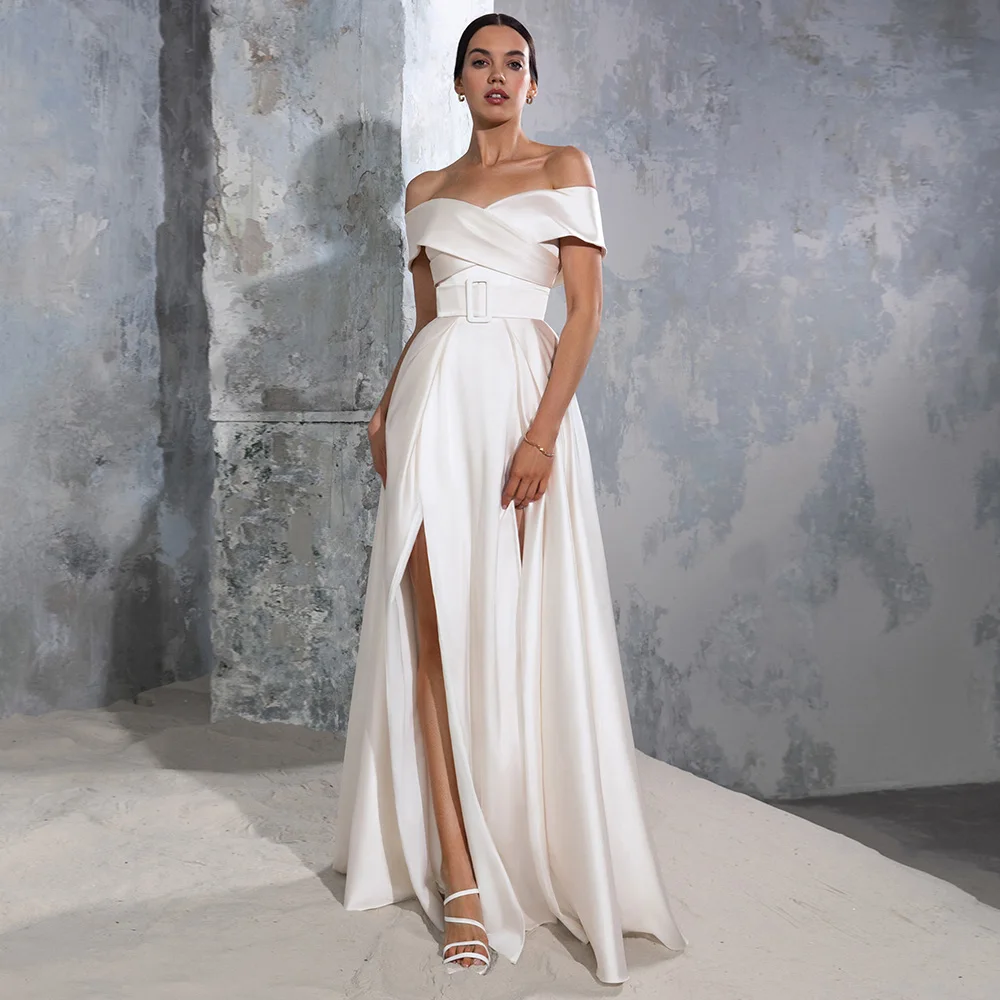 Sweetheart Whiye Side Slit Sashes Spaghetti Straps Sleeveless Wedding Dresses Floor-Length Jersey Bridal Gowns Court Train 2022