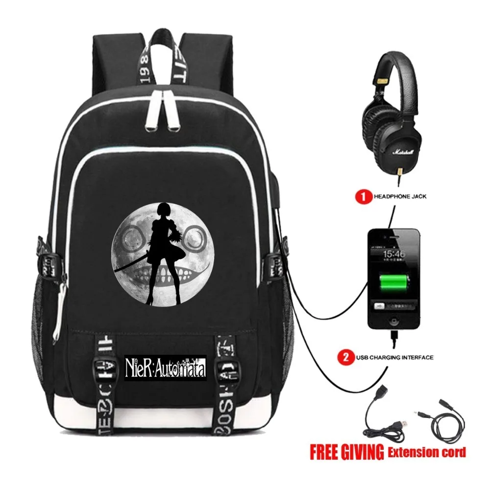 USB شحن سماعة جاك الطلاب bookbag الرجال حقيبة كتفية للسفر على ظهره لعبة NieR: autoata YoRHa 2B ظهره 4 style