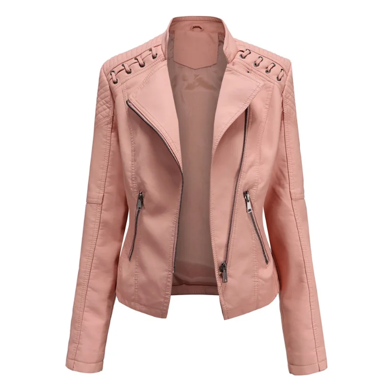 New 2021Turn-down Collar PU faux Leather Jackets Women Luxury Jacket Black Pink Red Biker Coat