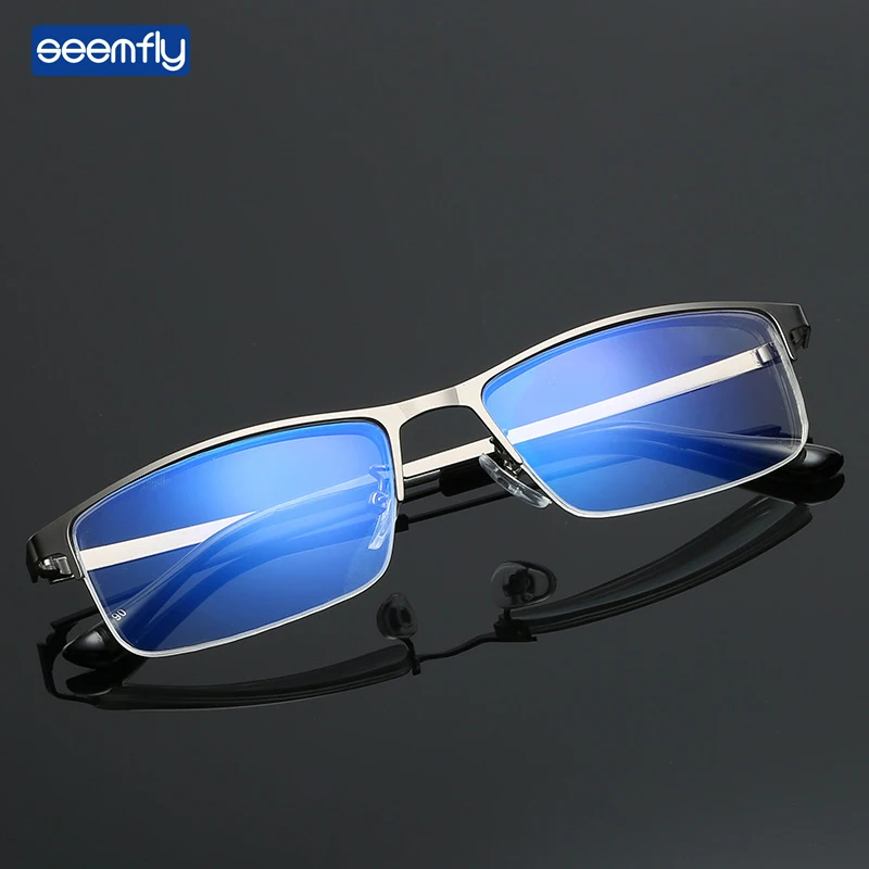 Seemfly Anti-blue Light Half Frame Myopia Glasses Men Business Metal Shortsighted Glasses Classic Nearsighted Eyewear-1.0to-4.0