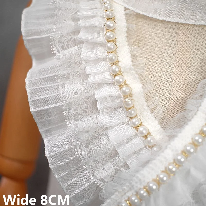 8CM Wide White Black Pearls Lace Wrinkle Chiffon Edge Beaded Fringe Elastic Ruffle Trim Handmade DIY Skirts Collar Sewing Decor