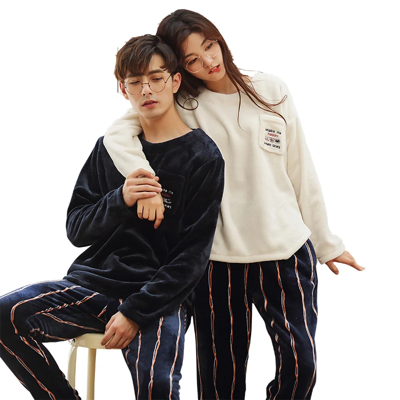 새로운 커플 잠옷 여성 겨울 벨벳 잠옷 짙은 플란넬 잠옷 세트 남자 귀여운 Homewear