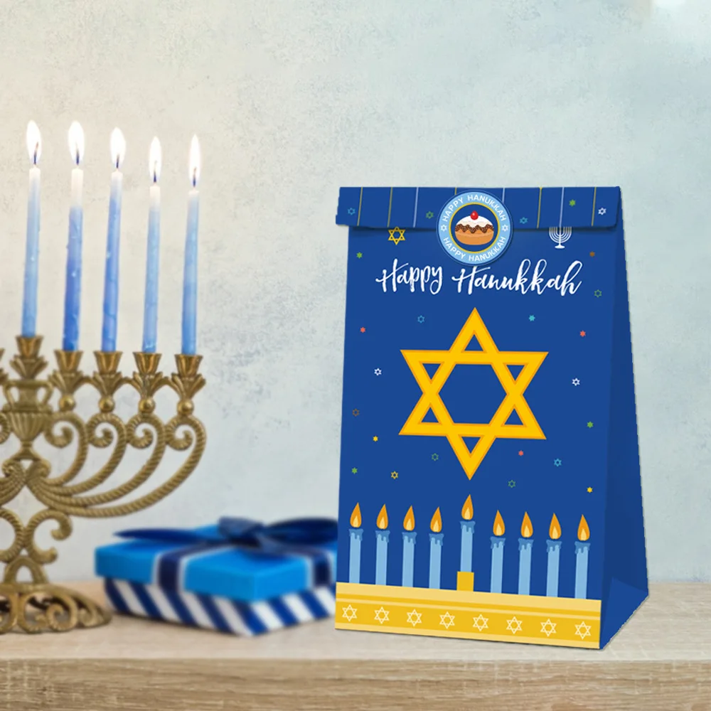 12pcs Happy Hanukkah Bag Party Decoration Jewish Chanukah Home Decoration Paper Gifts Bag David and Menorah