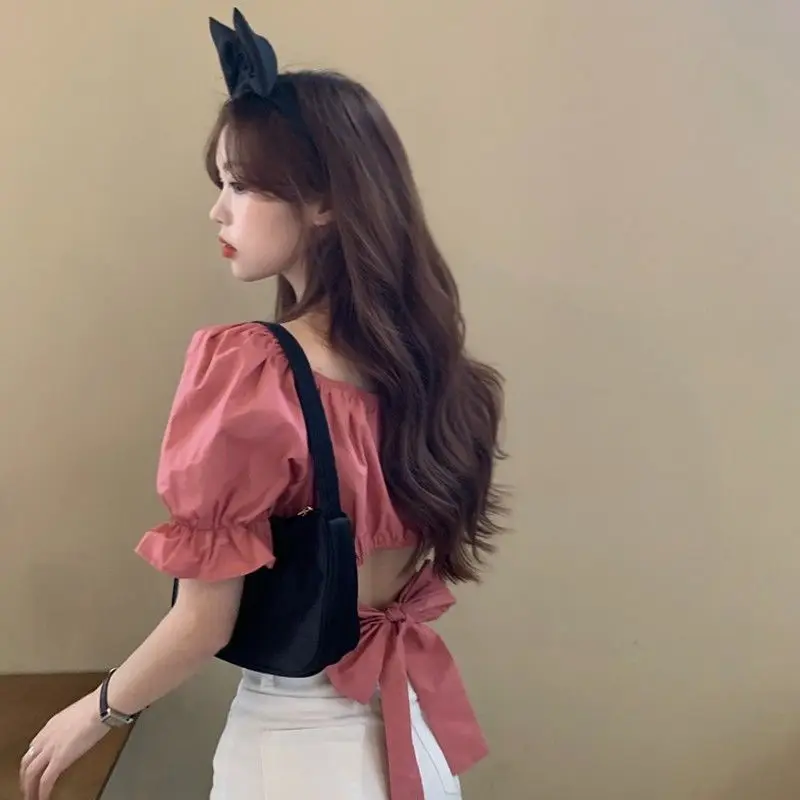 Blouses Women Summer Puff-sleeve Crop-top Backless Sexy Club Pleated Solid Elegant Sweet Girls Bow Lace-up Korean Style Blusas