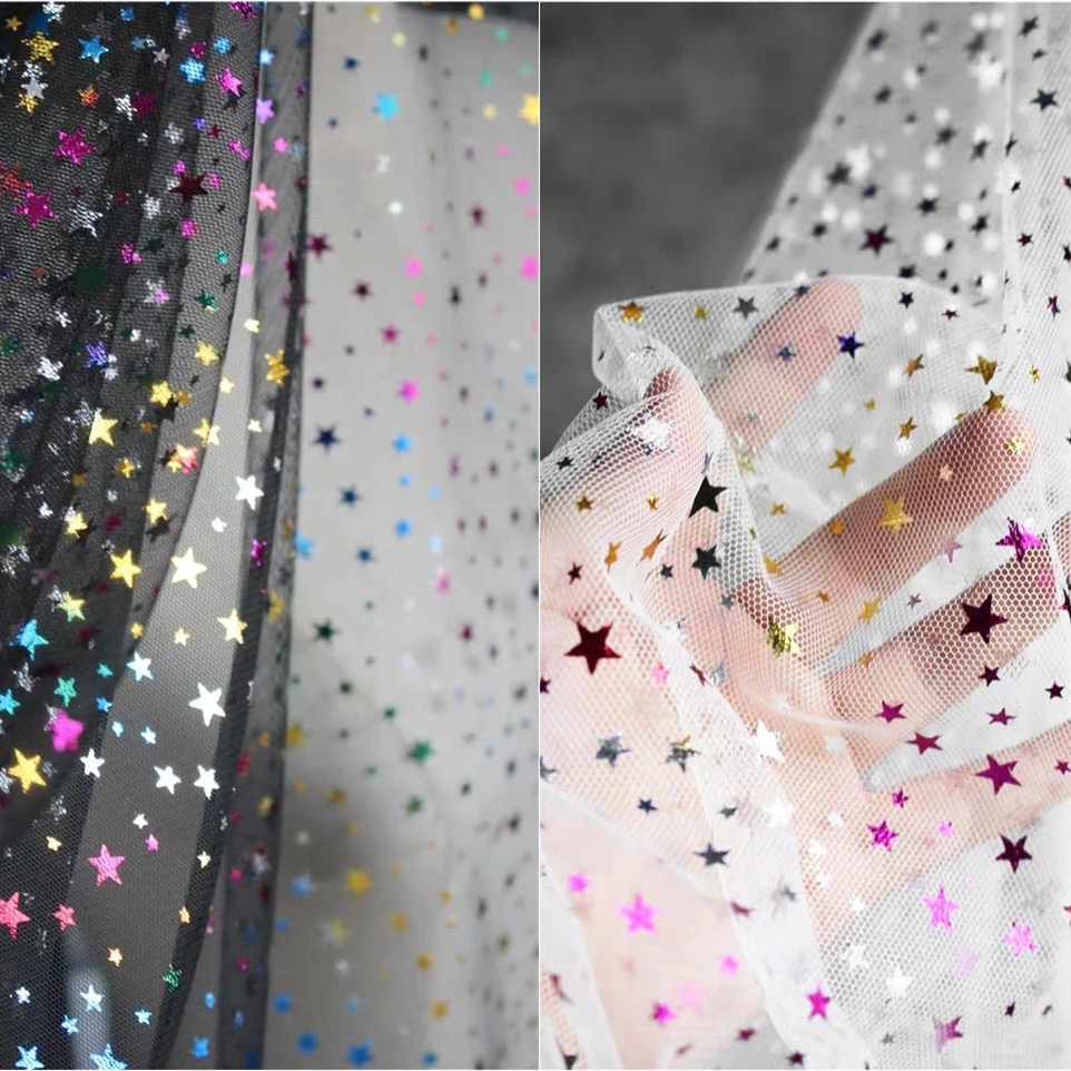 

Sequined Glitter Mesh Tulle Fabric Colorful Stars Hot Stamping DIY Patchwork Decor Clothes Skirts Wedding Dress Designer Fabric