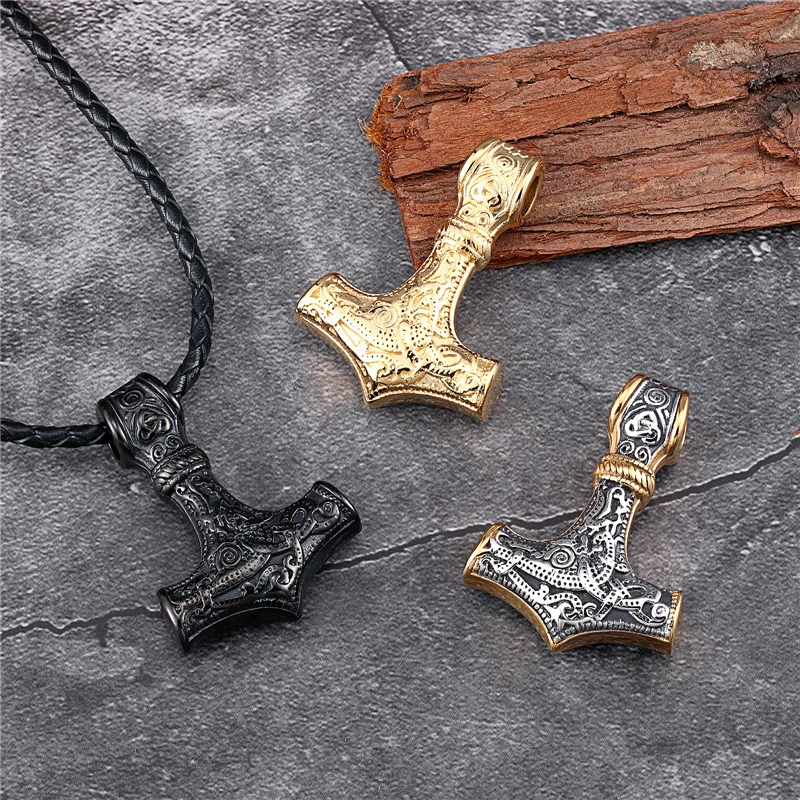 Punk Edelstahl Nordische Wikinger Amulett Anhänger Kette Odins Goldfarbener Thors Hammer Halsketten Herren Ethno-Schmuck Geschenke – Detail 5