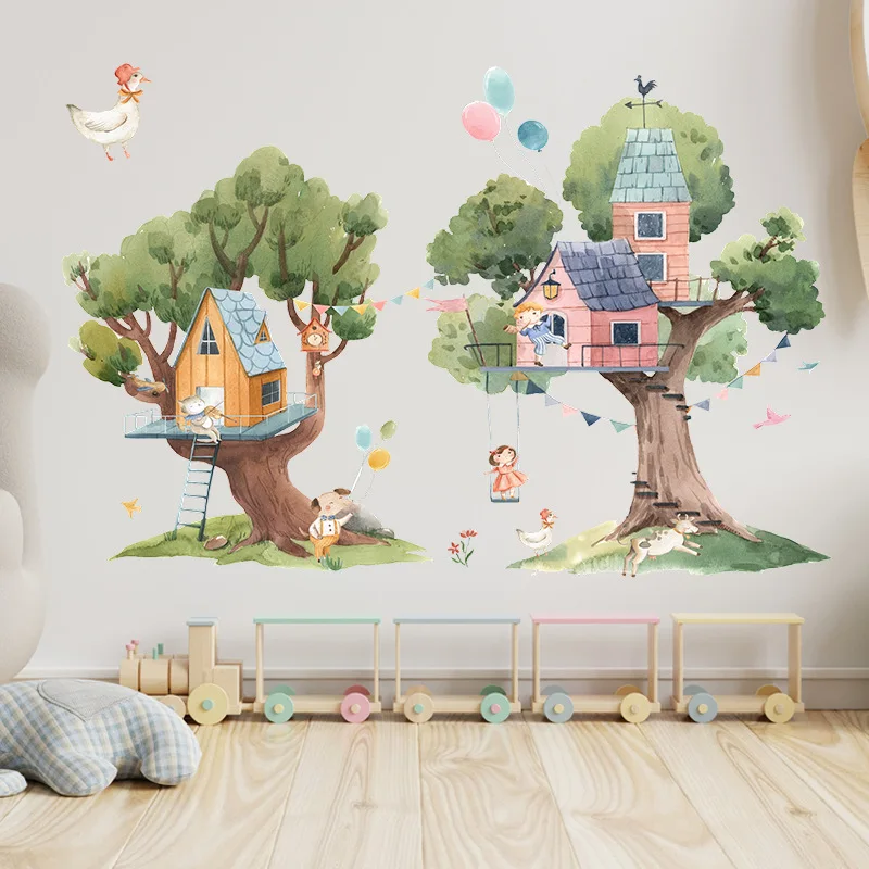 Painted Cartoon Animals Children Trees House Wallpaper Living Room Bedroom Porch Home Decoration Wall Stickers Self-Adhesive image 4