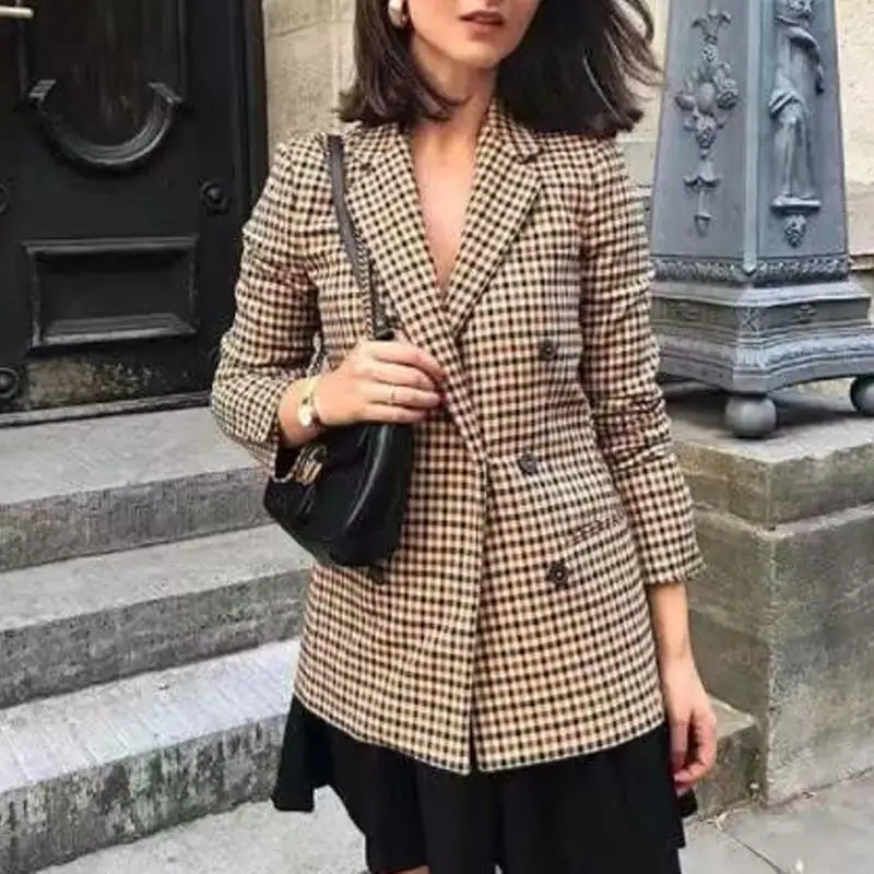 Fall 2022 women blazer jacket ladies tops office wear women korean plaid blazer vintage orange long blazer coat streetwear