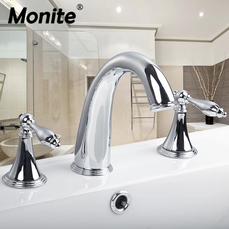 

Monite Brass Bathroom 3 Pieces Faucet Set Deck Mounted Chrome Stream Double Handles Bathroom Bathtub Basin Sink Mixer Tap Faucet