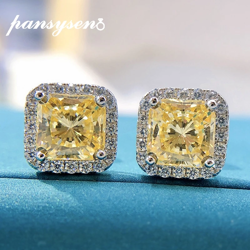 

PANSYSEN Classic Solid Silver 925 Square 7MM Citrine Sapphire High Carbon Diamond Stud Earrings for Women Fine Jwelry Wholesale