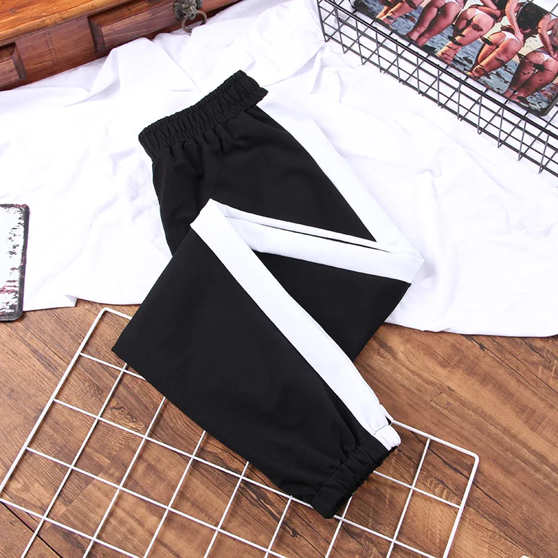 Spring Autumn Sport trousers Women White Splicing striped casual Pants Elastic waist Streetwear Cool Girl Loose Hip Hop Pants